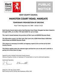 KCC - Emergency Road Closure - Manston Court Road, Margate - 17th April 2024 (Thanet)